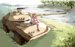 Rule 34 | 1girl, absurdres, armored personnel carrier, armored vehicle, artist name, aubl 74, blonde hair, boots, brown footwear, camouflage, dated, desert camouflage, glasses, gloves, grass, gun, hair ornament, hat, highres, long hair, machine gun, mg3, military, military vehicle, non-web source, pzgr.40, river, sitting, sitting on object, touhou, tree, vehicle focus, weapon, white gloves, yorigami jo&#039;on