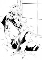 Rule 34 | 1boy, bad id, bad pixiv id, expressionless, greyscale, hakuseki, hand on own face, indoors, kagamine len, male focus, monochrome, necktie, short hair, sitting, solo, spiked hair, vocaloid