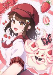 Rule 34 | 1girl, :d, absurdres, alcremie, alcremie (strawberry sweet), alternate costume, bow, brown eyes, brown hair, commentary request, creatures (company), earrings, eyelashes, food, food on face, fruit, game freak, gen 8 pokemon, gloria (pokemon), hair ornament, hairclip, happy, hat, highres, jewelry, jihi, korean commentary, nintendo, open mouth, outline, plaid, pokemon, pokemon (creature), pokemon swsh, red headwear, shirt, short sleeves, smile, strawberry, strawberry slice, teeth, tongue, upper teeth only, white shirt