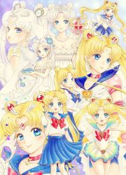 Rule 34 | 1990s (style), 1girl, 2girls, 6+girls, :d, aged up, bishoujo senshi sailor moon, bishoujo senshi sailor moon sailor stars, blonde hair, blue eyes, blue sailor collar, blue skirt, bow, brooch, choker, circlet, crescent, crescent facial mark, double bun, eternal sailor moon, eternal tiare, facial mark, flower, forehead mark, hair bun, hair flower, hair ornament, hairclip, heart, heart brooch, heart hair bun, jewelry, jyan borii, light smile, long hair, marker (medium), mask, multicolored clothes, multicolored skirt, multiple girls, multiple persona, necklace, neo queen serenity, open mouth, pearl necklace, pleated skirt, pretty guardian sailor moon, princess sailor moon, princess serenity, red bow, retro artstyle, sailor collar, sailor cosmos, sailor moon, school uniform, serafuku, skirt, smile, star (symbol), star facial mark, super sailor moon, tiara, traditional media, tsukino usagi, twintails, very long hair, white hair, wing brooch