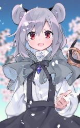 Rule 34 | 1girl, :d, akagashi hagane, alternate costume, animal ears, arm at side, basket, black skirt, blush, bow, bowtie, buttons, capelet, cherry blossoms, cowl, dot nose, grey hair, hair between eyes, hand up, hood, hood down, jewelry, long sleeves, looking at viewer, medium hair, mouse (animal), mouse ears, mouse tail, nazrin, open mouth, pendant, petals, puffy sleeves, red eyes, shirt, skirt, smile, solo, suspender skirt, suspenders, tail, touhou, turtleneck, upper body, white shirt