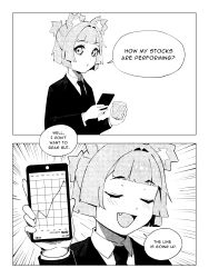 Rule 34 | 1girl, 2koma, :o, absurdres, animal ears, bear ears, blunt bangs, blush, cellphone, closed eyes, collared shirt, comic, commentary, cup, disposable coffee cup, disposable cup, emphasis lines, english commentary, english text, fang, formal, graph, greyscale, gris (vertigris), highres, holding, holding cup, holding phone, jacket, looking at viewer, monochrome, necktie, open mouth, original, phone, shirt, short hair, smile, solo, speech bubble, suit, vertigris