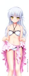 Rule 34 | 10s, 1girl, absurdres, angel beats!, bikini, breasts, clothes lift, collarbone, hair ornament, highres, long hair, looking at viewer, na-ga, navel, official art, sarong, sarong lift, scan, silver hair, simple background, skirt hold, small breasts, smile, solo, swimsuit, tenshi (angel beats!), underboob, white background, white bikini, yellow eyes