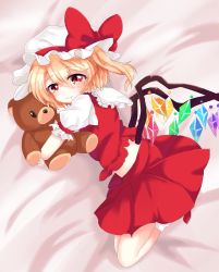 Rule 34 | 1girl, blonde hair, closed mouth, hugging doll, fang, flandre scarlet, hair between eyes, hat, highres, ma-a, mob cap, hugging object, red eyes, red ribbon, ribbon, short hair, short sleeves, solo, stuffed animal, stuffed toy, teddy bear, touhou