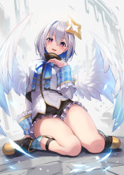 Rule 34 | 1girl, absurdres, amane kanata, amane kanata (1st costume), angel, angel wings, blue hair, bob cut, bow, collar, colored inner hair, feathers, frills, hair intakes, halo, highres, hololive, kakage, miniskirt, multicolored hair, open mouth, plaid, purple eyes, shoes, short hair, silver hair, single hair intake, sitting, skirt, smile, solo, star halo, streaked hair, thick thighs, thighs, two-tone hair, virtual youtuber, wariza, wings