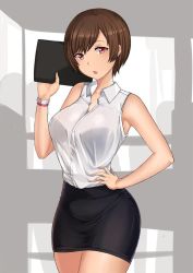 Rule 34 | 1girl, aori sora, bag, bare shoulders, black skirt, blouse, borrowed character, bracelet, breasts, brown eyes, brown hair, buttons, collared shirt, commentary, cowboy shot, curvy, earrings, female focus, hand on own hip, hand up, handbag, hip focus, holding, image sample, jewelry, large breasts, legs together, looking at viewer, miniskirt, office lady, olive laurentia, open mouth, original, pencil skirt, pixie cut, red eyes, shirt, shirt tucked in, short hair, simple background, skirt, sleeveless, sleeveless shirt, solo, standing, tented shirt, thick thighs, thighs, unfinished, sketch background, white shirt, wide hips
