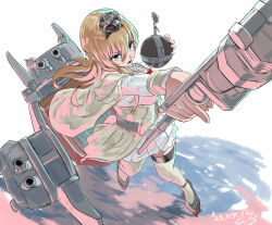 Rule 34 | 1girl, adapted turret, blonde hair, blue eyes, braid, cannon, corset, crown, dated, dress, flower, french braid, gegeron, globus cruciger, hair between eyes, hairband, highres, jewelry, kantai collection, long hair, long sleeves, machinery, mini crown, necklace, off-shoulder dress, off shoulder, open mouth, red flower, red rose, ribbon, rigging, rose, scepter, smokestack, solo, thighhighs, turret, warspite (kancolle), water, white corset, white dress