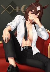 Rule 34 | 1girl, absurdres, alternate costume, animal ears, black footwear, black jacket, black necktie, black pants, breasts, brown hair, cleavage, collarbone, collared shirt, commentary request, couch, ear ornament, hair between eyes, hand on own face, head rest, highres, horse ears, horse girl, jacket, knee up, large breasts, long hair, long sleeves, looking at viewer, multicolored hair, navel, necktie, on couch, open clothes, open shirt, pants, parted lips, partial commentary, red eyes, shadow, shirt, shoes, sidelocks, sirius symboli (umamusume), sitting, smile, solo, stmoon, stomach, streaked hair, umamusume, undone necktie, white hair, white shirt