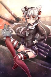 Rule 34 | 10s, 1girl, amatsukaze (kancolle), brown eyes, cannon, choker, dress, garter straps, gloves, kantai collection, long hair, red thighhighs, rensouhou-kun, sailor dress, school uniform, silver hair, sitting, striped clothes, striped thighhighs, sumapan, thighhighs, torpedo, turret, twintails, two side up