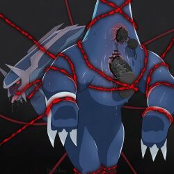 Rule 34 | 1girl, anal beads, animal focus, anus, artist name, awabuta, bar censor, bdsm, black background, black sclera, blush, bondage, bound, censored, chain, claws, colored sclera, creatures (company), dialga, dildo, drooling, fangs, female focus, game freak, gen 4 pokemon, glowing, legendary pokemon, looking at viewer, looking back, nintendo, no humans, nose blush, open mouth, pokemon, pokemon (creature), puckered anus, pussy, pussy juice, red eyes, saliva, sex toy, signature, solo, spread legs, sweat, tongue, tongue out, top-down bottom-up, twitter username