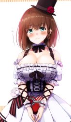 Rule 34 | 1girl, bare shoulders, black hat, blush, box, braid, breasts, brown hair, brown ribbon, charlotte corday (fate), charlotte corday (midnight tension) (fate), cleavage, closed mouth, collar, corset, dress, fate/grand order, fate (series), flower, frilled collar, frills, gift, gift box, green eyes, hair between eyes, hat, hat flower, heart-shaped box, kurikara, large breasts, looking at viewer, ribbon, short hair, side braid, simple background, solo, top hat, underbust, valentine, white background, white dress, wrist cuffs