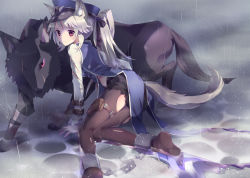 Rule 34 | 1girl, all fours, animal, animal ears, ankle cuffs, chain, cuffs, grey hair, hair ribbon, hat, highleg, holster, original, pantyhose, peaked cap, ponytail, rain, red eyes, ribbon, scar, shackles, solo, tail, thigh holster, tiru, torn clothes, torn pantyhose, wet, wolf, wolf ears, wolf tail