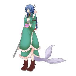 Rule 34 | 1girl, absurdres, adapted costume, alternate hairstyle, aqua eyes, armband, bad id, blue hair, boots, bow, braid, breasts, brown footwear, choker, commentary request, curly hair, fins, fish tail, frilled kimono, frills, full body, hair bow, hand up, head fins, highres, humanization, japanese clothes, kimono, large breasts, long hair, looking to the side, mermaid, monster girl, obi, outline, pole, polearm, ponytail, ribbon choker, sash, short hair, single braid, smile, solo, standing, tail, tk31, touhou, transparent background, wakasagihime, weapon