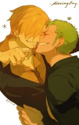 Rule 34 | 2boys, blonde hair, collared shirt, curly eyebrows, facial hair, goatee, green hair, grin, hair over one eye, happy, highres, imminent kiss, long sideburns, loose necktie, male focus, multiple boys, necktie, noses touching, one piece, roronoa zoro, sanji (one piece), scar, scar across eye, shirt, short hair, sideburns, smile, upper body, yaoi, ynnn m