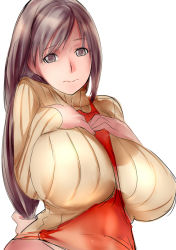 Rule 34 | 1girl, apron, bad id, bad pixiv id, breast suppress, breasts, brown eyes, brown hair, dodai shouji, huge breasts, long hair, looking at viewer, ribbed sweater, simple background, solo, sweater, turtleneck, white background