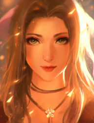 Rule 34 | 1girl, aerith gainsborough, brown hair, chaosringen, choker, closed mouth, eyelashes, final fantasy, final fantasy vii, final fantasy vii remake, flower, green eyes, highres, jewelry, light particles, light smile, long hair, looking at viewer, pendant, portrait, smile, solo, square enix