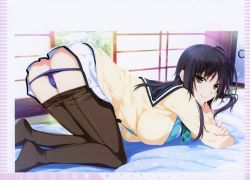 Rule 34 | 1girl, ass, black pantyhose, breasts, day, highres, iizuki tasuku, indoors, large breasts, lips, long hair, looking at viewer, lovely x cation 2, official art, panties, panty pull, pantyhose, scan, school uniform, simple background, smile, solo, thighs, underwear