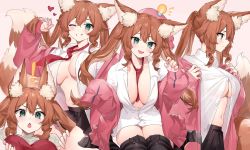 Rule 34 | !, 1girl, absurdres, animal ear fluff, animal ears, black skirt, black thighhighs, blouse, bottomless, breasts, brown hair, collarbone, commentary, curly hair, english commentary, eyebrows hidden by hair, green eyes, happy, heart, highres, jacket, large breasts, leg ribbon, light bulb, long hair, looking at viewer, looking to the side, multiple tails, multiple views, necktie, neonbeat, no bra, one eye closed, open mouth, original, pink background, pink jacket, pleated skirt, plushmallow, red necktie, ribbon, shaded face, shirt, sidelocks, skirt, smile, surprised, tail, thigh ribbon, thighhighs, twintails, unbuttoned, very long hair, white shirt