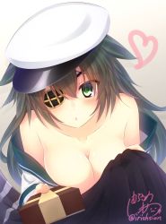 Rule 34 | 10s, 1girl, absurdres, blush, box, breasts, cleavage, collarbone, eyepatch, gift, gift box, gradient background, hair between eyes, hat, highres, holding, holding gift, kantai collection, kiso (kancolle), long hair, looking at viewer, loose clothes, loose shirt, murasame shia, no bra, off shoulder, shadow, shirt, signature, solo, tail ein, upper body, valentine