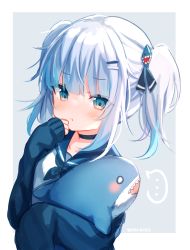 Rule 34 | ..., 1girl, :t, absurdres, alternate costume, black choker, blue eyes, blue hair, blue sailor collar, blue shirt, blush, choker, closed mouth, collarbone, commentary, hugging doll, gawr gura, grey background, hair ornament, hairclip, hand on own chin, hand up, highres, holding, hololive, hololive english, long sleeves, looking at viewer, multicolored hair, hugging object, sailor collar, shark hair ornament, shirt, shouu-kun, sleeves past fingers, sleeves past wrists, solo, streaked hair, stuffed animal, stuffed shark, stuffed toy, teeth, two-tone background, two side up, virtual youtuber, white background