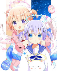 Rule 34 | 2girls, angel wings, angora rabbit, animal, blue eyes, blue hair, blue halo, blue wings, blush, dress, feathered wings, gochuumon wa usagi desu ka?, halo, highres, hoto cocoa, jacket, kafuu chino, long hair, long sleeves, looking at viewer, multiple girls, open clothes, open jacket, open mouth, orange hair, parted lips, pink halo, pink jacket, purple eyes, rabbit, ryoutan, short hair, side ponytail, smile, tippy (gochiusa), twintails, white dress, white wings, wings, yellow halo