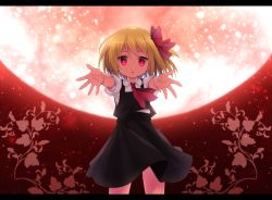 Rule 34 | 1girl, bad id, bad pixiv id, blonde hair, gradient background, hair ribbon, juuku, letterboxed, open hands, red eyes, ribbon, rumia, shirt, short hair, skirt, solo, touhou, vest