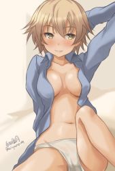 Rule 34 | 1girl, arm behind head, arm support, artist name, bad id, bad twitter id, bed sheet, blonde hair, blue shirt, blush, brave witches, breasts, brown eyes, closed mouth, dress shirt, haruhata mutsuki, leaning back, looking at viewer, medium breasts, navel, no bra, no pants, on bed, one eye closed, open clothes, open shirt, panties, shirt, short hair, signature, sitting, smile, solo, twitter username, underwear, waltrud krupinski, white panties, wing collar, world witches series