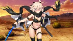 Rule 34 | 1girl, ahoge, armband, asymmetrical gloves, bikini, black bikini, black bow, black gloves, black legwear, black scarf, blonde hair, blush, bow, breasts, cleavage, cloud, commentary request, desert, fate/grand order, fate (series), game cg, gloves, hair between eyes, hair bow, highleg, highres, katana, kurikara, looking at viewer, medium breasts, navel, okita j. souji (fate), okita souji (fate), okita souji (koha-ace), orange sky, scarf, sheath, short hair, single glove, sky, smile, solo, standing, swimsuit, sword, thigh strap, uneven gloves, weapon, yellow eyes