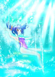 Rule 34 | 1girl, blue hair, competition swimsuit, freediving, highres, kurimuzon, one-piece swimsuit, original, red eyes, short hair, solo, swimsuit, twintails, underwater