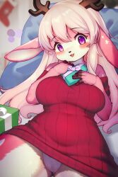 Rule 34 | 1girl, absurdres, animal nose, antlers, blush, body fur, borrowed character, breasts, commentary request, floral bow, furry, furry female, gradient hair, highres, horns, large breasts, long hair, looking at viewer, multicolored hair, open mouth, original, panties, pink fur, pink hair, purple eyes, red sweater, sitting, smile, snout, solo, sweater, thighs, tona (kishibe), two-tone fur, underwear, white fur, white hair, white panties, whooo-ya