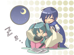 Rule 34 | 1boy, 1girl, :t, blanket, chibi, crescent, crescent moon, detached sleeves, closed eyes, hatsune miku, kaito (vocaloid), moon, night, night sky, pillow, sheet music, sky, sleeping, star (symbol), tomo, tomo (sjim), twintails, vocaloid, zzz