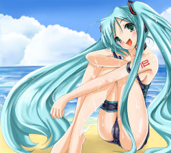 Rule 34 | aqua eyes, aqua hair, beach, cameltoe, cleft of venus, day, fat mons, green hair, hatsune miku, long hair, natsume fumika, ocean, one-piece swimsuit, sitting, smile, solo, strap slip, sweat, swimsuit, twintails, undressing, very long hair, vocaloid, wet