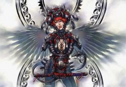 Rule 34 | 1girl, angel wings, arina nary, armor, bdsm, bondage, bound, bound arms, breasts, cleavage, katana, original, red hair, solo, sword, weapon, wings