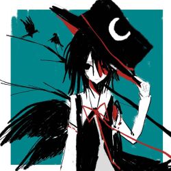 Rule 34 | 1gemao, 1other, androgynous, aqua background, bare shoulders, bird, bird wings, black eyes, black hair, black hat, black vest, black wings, border, branch, collared shirt, commentary, cowboy shot, crow, detached sleeves, enraku tsubakura, expressionless, eye of senri, hair between eyes, hand on headwear, hat, hat tip, highres, len&#039;en, long sleeves, medium hair, neck ribbon, open clothes, open vest, other focus, outside border, parted lips, red ribbon, ribbon, ribbon-trimmed sleeves, ribbon trim, shaded face, shirt, simple background, sleeveless, sleeveless shirt, solo, symbol-only commentary, top hat, two-sided fabric, two-sided headwear, vest, white border, white shirt, wings