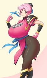 Rule 34 | 1girl, armor, breasts, brown eyes, bun cover, chinese clothes, circlet, curvy, dragon quest, dragon quest dai no daibouken, feet out of frame, fingerless gloves, gloves, hair bun, highres, huge breasts, leotard, looking at viewer, maam, pantyhose, pink gloves, pink hair, sasaki tatsuya, sash, short hair, shoulder pads, single hair bun, smile, solo, standing, thick thighs, thighs, vambraces