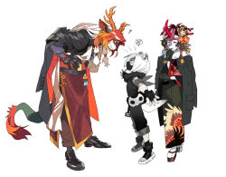 Rule 34 | 1boy, 2girls, animal ears, arknights, blocking, bodyguard, chinese clothes, chinese commentary, commentary request, furry, furry female, furry male, height difference, highres, horns, husband and wife, japanese clothes, kimono, laughing, mask, mouth mask, multiple girls, ninja, ninja mask, okobo, princess fumizuki (arknights), protecting, sandals, shirayuki (arknights), shoes, spoken x, stoat girl, sweatdrop, tail, weasel ears, weasel girl, weasel tail, wei yenwu (arknights), yu yanshu