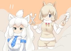Rule 34 | 1girl, 2girls, alpaca ears, alpaca girl, animal ear fluff, animal ears, blue necktie, blush, bow, bowtie, breasts, brown shorts, brown vest, closed mouth, comb, commentary request, cutting hair, elbow gloves, fur-trimmed shirt, fur-trimmed vest, fur trim, gloves, grey eyes, hair over one eye, holding, holding comb, holding scissors, kemono friends, large breasts, lets0020, light brown hair, lion ears, lion girl, long hair, long sleeves, medium bangs, medium breasts, multiple girls, necktie, numbered, orange background, pink bow, pink bowtie, plaid necktie, scissors, shirt, short sleeves, shorts, smile, solo, upper body, vest, white gloves, white hair, white lion (kemono friends), white shirt