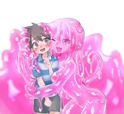 1boy, 1girl, ;d, bangs, blush, brown hair, cheek-to-cheek, child, commentary request, eyebrows visible through hair, hair between eyes, hetero, highres, hug, kai himo, monster girl, one eye closed, open mouth, original, pink eyes, pink slime, pointy ears, shirt, shorts, slime girl, smile, striped, striped shirt, sweat, sweating profusely