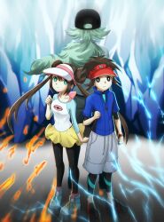 Rule 34 | 1girl, 2boys, absurdres, brown eyes, brown hair, clenched hands, closed mouth, creatures (company), double bun, electricity, fire, full body, game freak, green eyes, hair bun, hat, highres, ice, long hair, looking at viewer, multiple boys, n (pokemon), nate (pokemon), nintendo, pantyhose, pokemon, pokemon bw2, rosa (pokemon), shirt, shoes, short hair, shorts, twintails, visor cap, yuuki510510