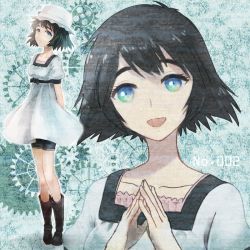 Rule 34 | 1girl, black hair, blue eyes, boots, dress, hat, open mouth, own hands together, revision, riinu (ir-n), shiina mayuri, short hair, shorts, smile, solo, steins;gate