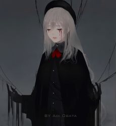Rule 34 | 1girl, aoi ogata, artist name, black hair, black shirt, blood, bloody tears, closed eyes, collared shirt, commentary, facing viewer, grey background, hair between eyes, highres, light brown hair, long hair, neckwear request, original, pink lips, red neckwear, shirt, solo