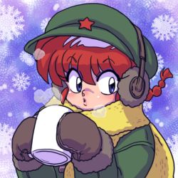 Rule 34 | 1girl, blue background, blue eyes, braid, braided ponytail, brown gloves, cabbie hat, chinese clothes, coat, cup, earmuffs, genderswap, genderswap (mtf), gloves, green coat, green hat, hat, holding, looking at viewer, mittens, mug, parted lips, portrait, puckered lips, ranma-chan, ranma 1/2, red hair, saotome ranma, scarf, short hair, single braid, snowflake background, solo, standing, steam, upper body, wanta (futoshi), winter clothes, yellow scarf