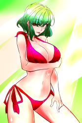 Rule 34 | 1girl, alternate costume, bare shoulders, bikini, breast hold, breasts, cleavage, collarbone, cowboy shot, green hair, highres, itocoh, kazami yuuka, large breasts, looking at viewer, naughty face, navel, red bikini, red eyes, short hair, side-tie bikini bottom, solo, stomach, swimsuit, tongue, tongue out, touhou