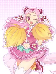 Rule 34 | 1girl, ;d, cheerleader, clover earrings, cone hair bun, crop top, cure yell, double bun, earrings, floating hair, flower, hair bun, hair flower, hair ornament, hair ribbon, heart, heart hair ornament, highres, hugtto! precure, jewelry, killua gon, long hair, looking at viewer, midriff, miniskirt, navel, nono hana, one eye closed, open mouth, pink hair, pink skirt, pleated skirt, pom pom (cheerleading), precure, red eyes, red ribbon, ribbon, see-through, skirt, sleeveless, smile, solo, standing, standing on one leg, stomach, thighhighs, very long hair, white flower, white thighhighs