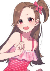 Rule 34 | 1girl, afnroll, blush, breasts, brown hair, gems company, highres, long hair, naninu nene, open mouth, red eyes, small breasts, swimsuit, virtual youtuber