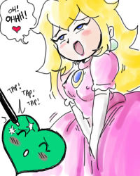 Rule 34 | 1girl, artist request, blonde hair, blue eyes, blush, dress, earrings, elbow gloves, covered erect nipples, closed eyes, gameplau mechanic, gloves, handheld game console, heart, jewelry, long hair, lowres, mario (series), nintendo, nintendo ds, nipples, open mouth, orgasm, parody, princess, princess peach, stylus, super mario bros. 1, super princess peach