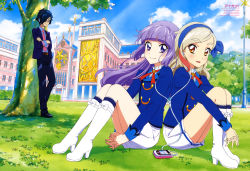 Rule 34 | 10s, 1boy, 2girls, absurdres, against tree, aiguillette, aikatsu!, aikatsu! (series), back-to-back, belt, blazer, blue hair, blunt bangs, blush, boots, bow, breasts, brown eyes, building, buttons, cloud, crossed arms, day, digital media player, earphones, eyebrows, from side, full body, glasses, grass, hair over one eye, hair ribbon, hairband, high heel boots, high heels, highres, hikami sumire, hugging own legs, interlocked fingers, jacket, knee boots, kurosawa rin (aikatsu!), lace, lamppost, light smile, loafers, long hair, long sleeves, looking at viewer, multicolored hair, multiple girls, neck ribbon, necktie, official art, on ground, open clothes, open jacket, orange eyes, otsuka masumi, outdoors, own hands together, pants, pleated skirt, purple eyes, purple hair, red hair, ribbon, sakai kasumi, scan, school, school uniform, shared earphones, shimizu keiichiro, shirt, shoes, silver hair, sitting, skirt, sky, small breasts, smile, streaked hair, suzukawa naoto, swept bangs, thick eyebrows, tree, white footwear, yaguchi hiroko