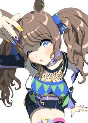 Rule 34 | 1girl, absurdres, animal ears, bangle, blue eyes, blush, bracelet, brown hair, closed mouth, collar, commentary request, fishnet top, fishnets, green jacket, green shirt, hands up, highres, horse ears, horse girl, jacket, jewelry, long hair, long sleeves, looking at viewer, multicolored nails, nan-bu, one eye closed, open clothes, open jacket, purple collar, shirt, simple background, solo, tosen jordan (umamusume), twintails, umamusume, upper body, very long hair