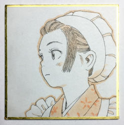 Rule 34 | 1girl, absurdres, brown hair, chef hat, closed mouth, floral print, frills, hat, highres, japanese clothes, kimono, looking away, murata range, orange kimono, original, outline, portrait, shikishi, short hair, sidelocks, solo, traditional media, white hat