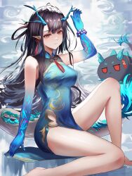 Rule 34 | 1girl, absurdres, arknights, arm up, bare legs, bare shoulders, barefoot, black hair, blue dress, blue skin, breasts, closed mouth, colored skin, dragon girl, dragon horns, dragon tail, dress, dusk (arknights), dusk (everything is a miracle) (arknights), earrings, gradient skin, highres, horns, jewelry, knee up, long hair, looking at viewer, medium breasts, official alternate costume, pelvic curtain, pointy ears, red eyes, sitting, sleeveless, sleeveless dress, solo, tail, tassel, tassel earrings, very long hair, vexki-